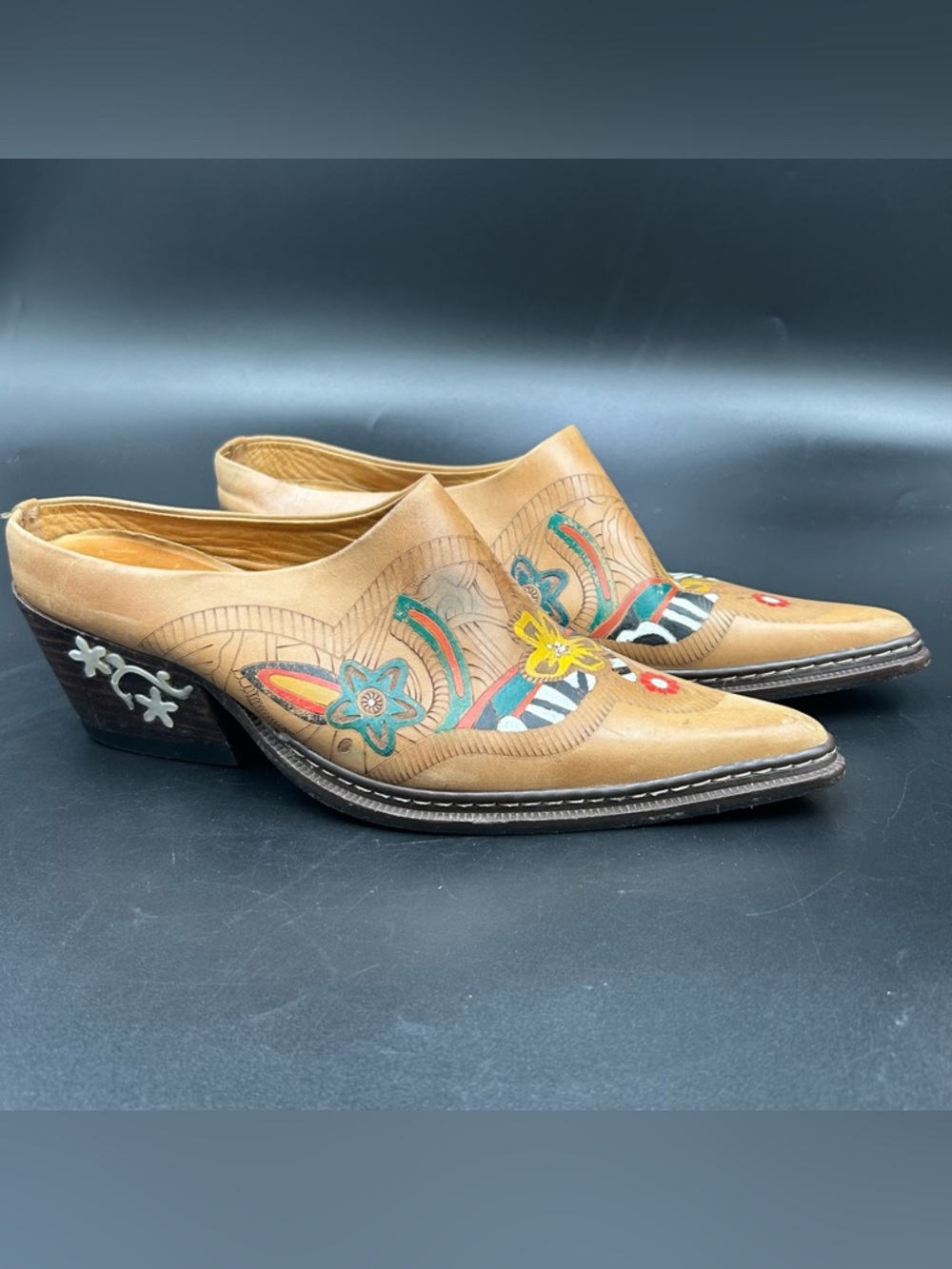 Vintage Stetson Leather Mules Womens 6 Brazil Hand Painted Floral Heels